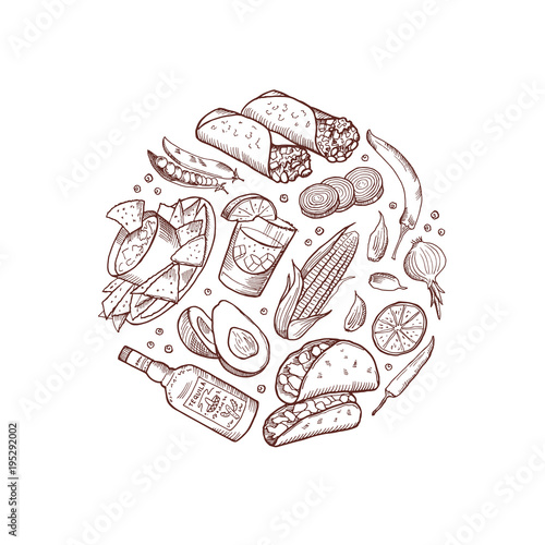 Vector sketched mexican food elements in form of circle illustration