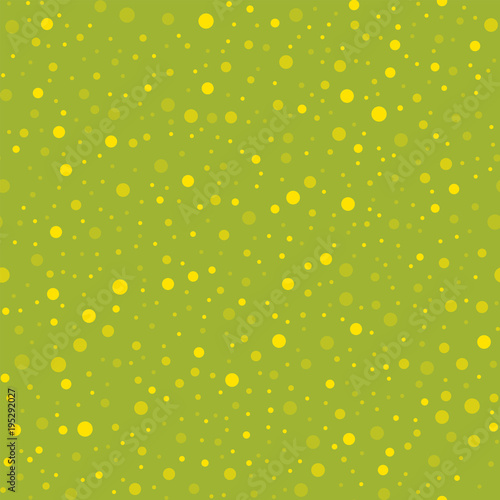 Yellow polka dots seamless pattern on green background. Pleasing classic yellow polka dots textile pattern in restrained colours. Seamless scattered confetti fall chaotic decor. Vector illustration.