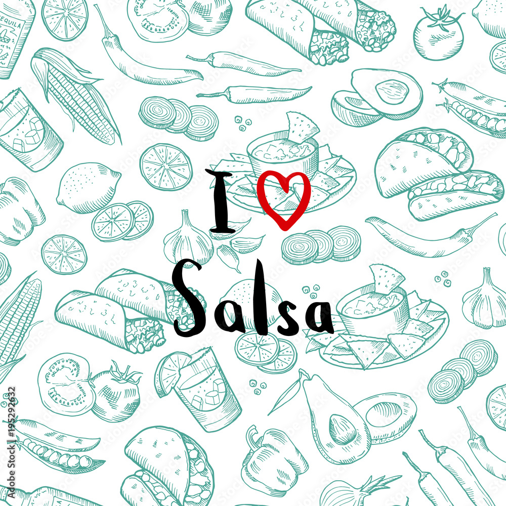 Vector sketched mexican food elements background with lettering