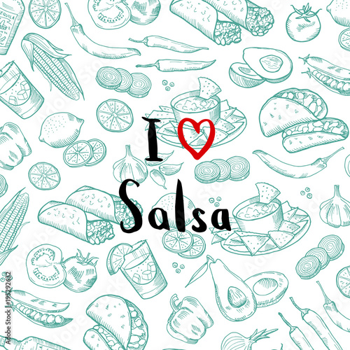 Vector sketched mexican food elements background with lettering