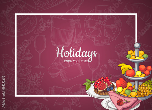 Vector frame with food plates on background of hand drawn restaurant