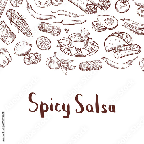 Vector sketched mexican food elements background