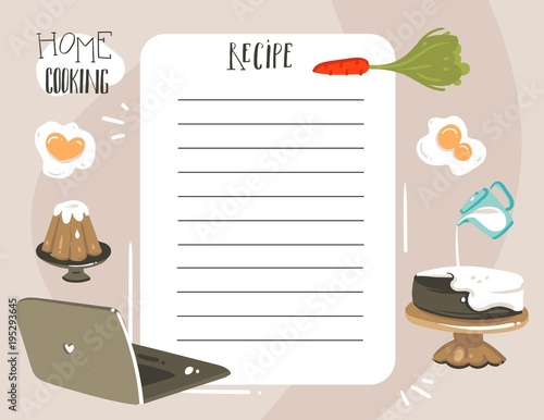 Hand drawn vector abstract modern cartoon cooking studio class illustrations recipe cooking card templete with handwritten calligraphy quotes isolated on white background