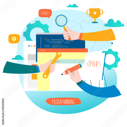 Coding, programming, website and application development flat vector illustration design for mobile and web graphics