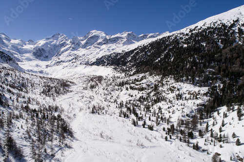 Valley of Morteratsch, mountain view. Piz Bernina, Biancograt and glaciers