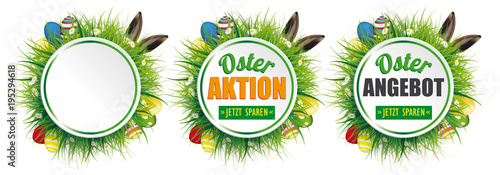 Osterangebote Etiketten mit Gras, Ostereiern und Hasenohren