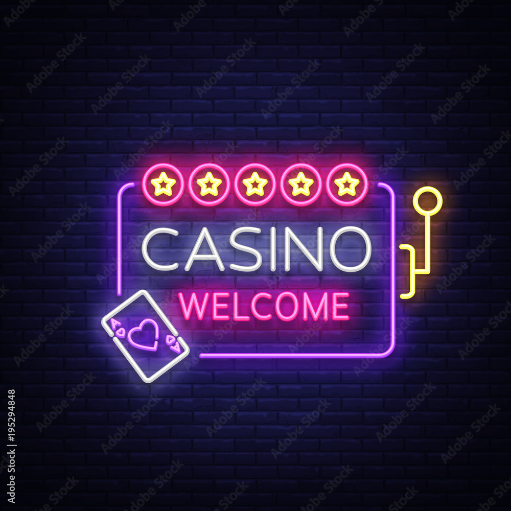 Casino welcome logo in neon style. Design template. Neon sign, light banner, night neon billboard, bright light advertising gambling, casino, poker, slot machines. Vector illustration Casino welcome logo in neon style. Design template. Neon sign, light banner, night neon billboard, bright light advertising gambling, casino, poker, slot machines. Vector illustration