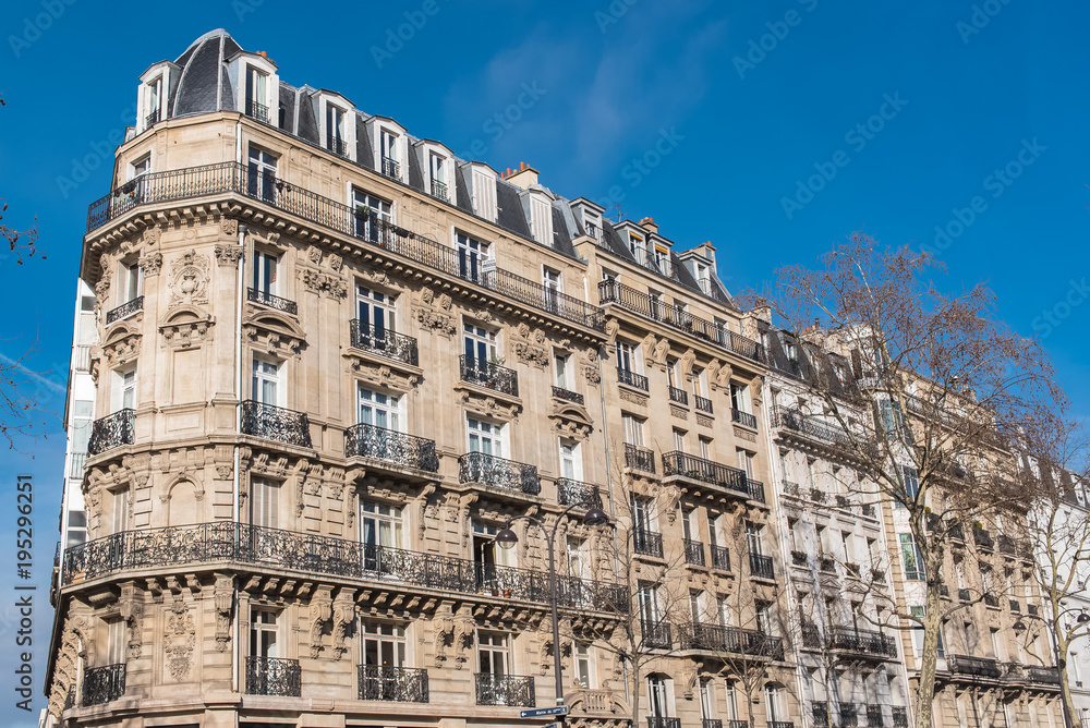 Fototapeta premium Paris, beautiful building in the center, typical parisian facade, boulevard des Filles-du-Calvaire 