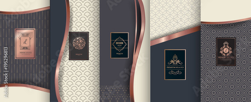 Collection of design elements,labels,icon,frames, for packaging,design of luxury products. for perfume, soap, wine, lotion.Made with golden foil.Isolated on blue background. vector illustration