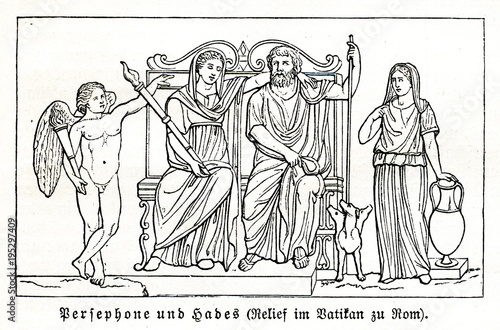 Obraz na plátně Persephone, Hades and three-headed dog Cerberus; marble relief (from Meyers