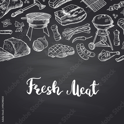 Vector hand drawn meat elements on black chalkboard illustration with lettering