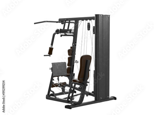 Multifunctional gym machine, angle view isolated on white background. 3D Rendering, Illustration.