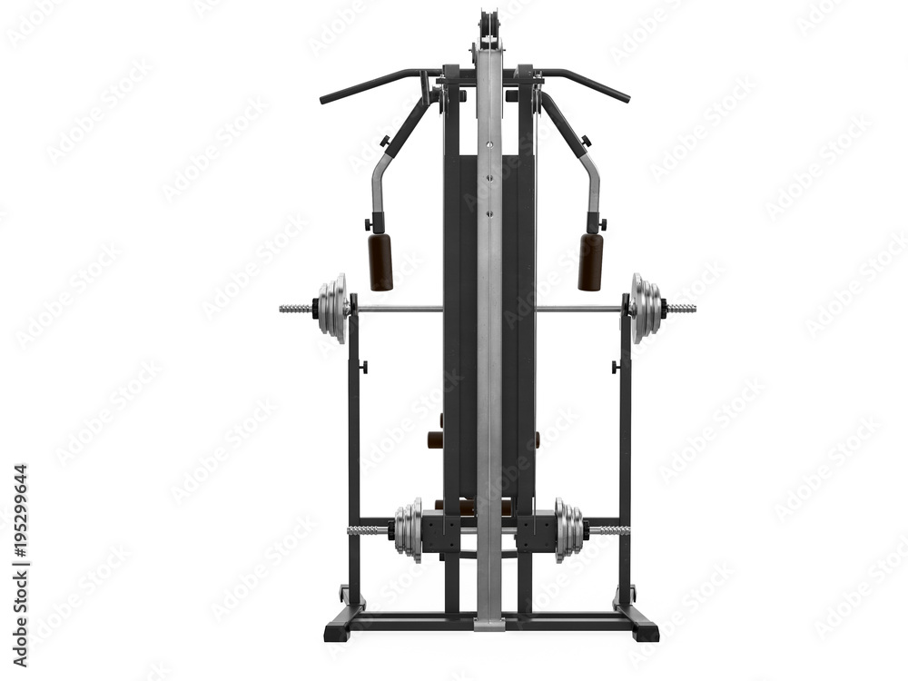 Multifunctional gym machine, back view isolated on white background. 3D Rendering, Illustration. Multifunctional gym machine, back view isolated on white background. 3D Rendering, Illustration.