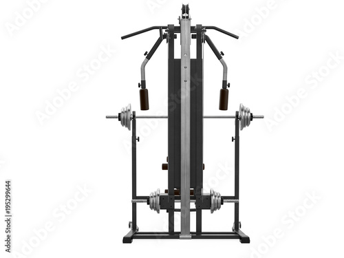 Multifunctional gym machine, back view isolated on white background. 3D Rendering, Illustration. © vahekatrjyan