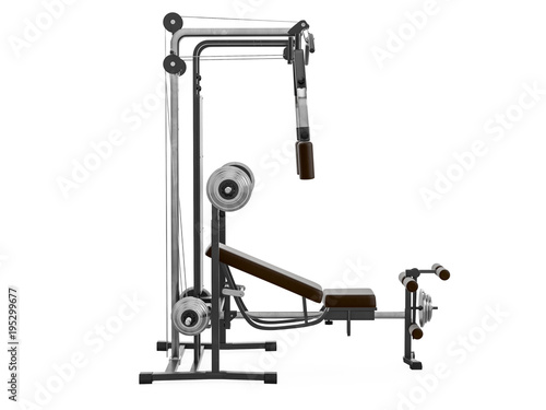 Multifunctional gym machine, left view isolated on white background. 3D Rendering, Illustration.