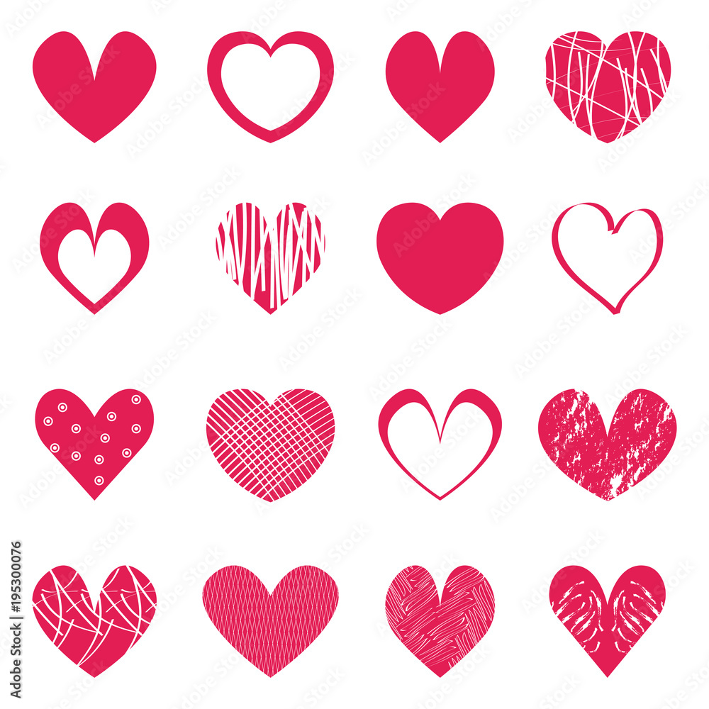 Red hearts vector set of icons on white background.