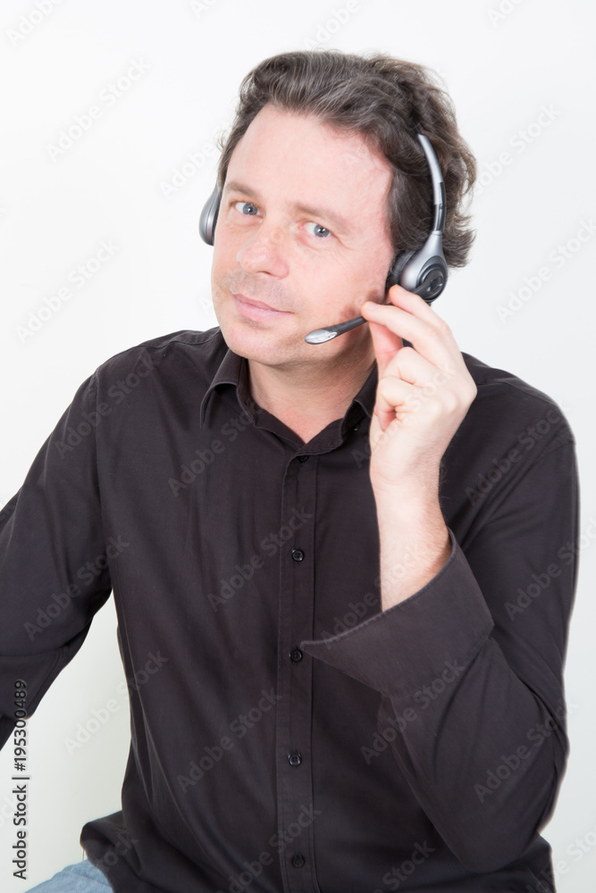 handsome man technical support dispatcher working, closeup handsome man technical support dispatcher working, closeup
