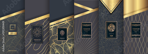 Collection of design elements,labels,icon,frames,for packaging,design of luxury products.for perfume,soap,wine,lotion.Made with golden foil.Isolated on gold and brown background. vector illustration