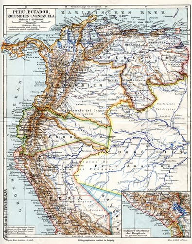 Fotografie, Obraz Map of Peru, Ecuador, Colombia and Venezuela ca
