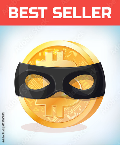 Bitcoin in zorro mask. Bitcoin. Digital currency. Crypto currency. Money and finance symbol. Miner bit coin criptocurrency. Virtual money concept. Cartoon Vector illustration