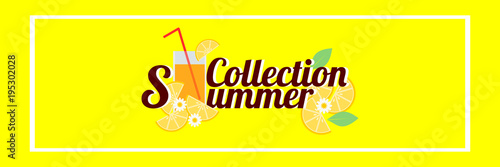Word 'Summer Collection' and summer drink with sliced lemons on bright yellow background. Vector illustration in summer concept, use for web banner, or in purpose for marketing and advertising.