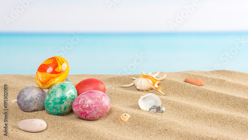 Easter on beach background. Eggs