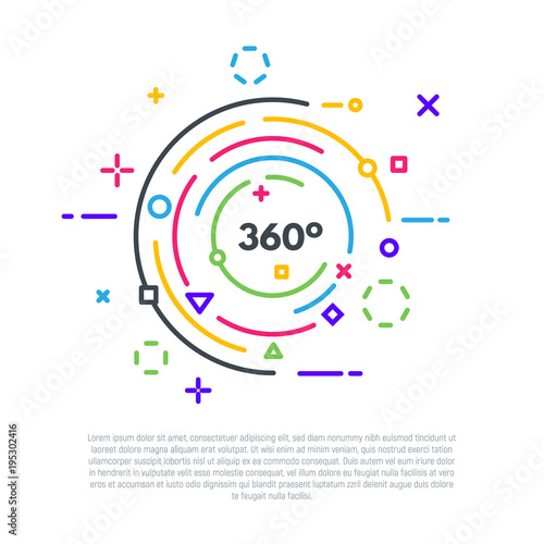 Linear banner concept. 360 degrees logo. VR or 360 video emblem. Flat style line modern vector illustration. Colorful shapes and circles.