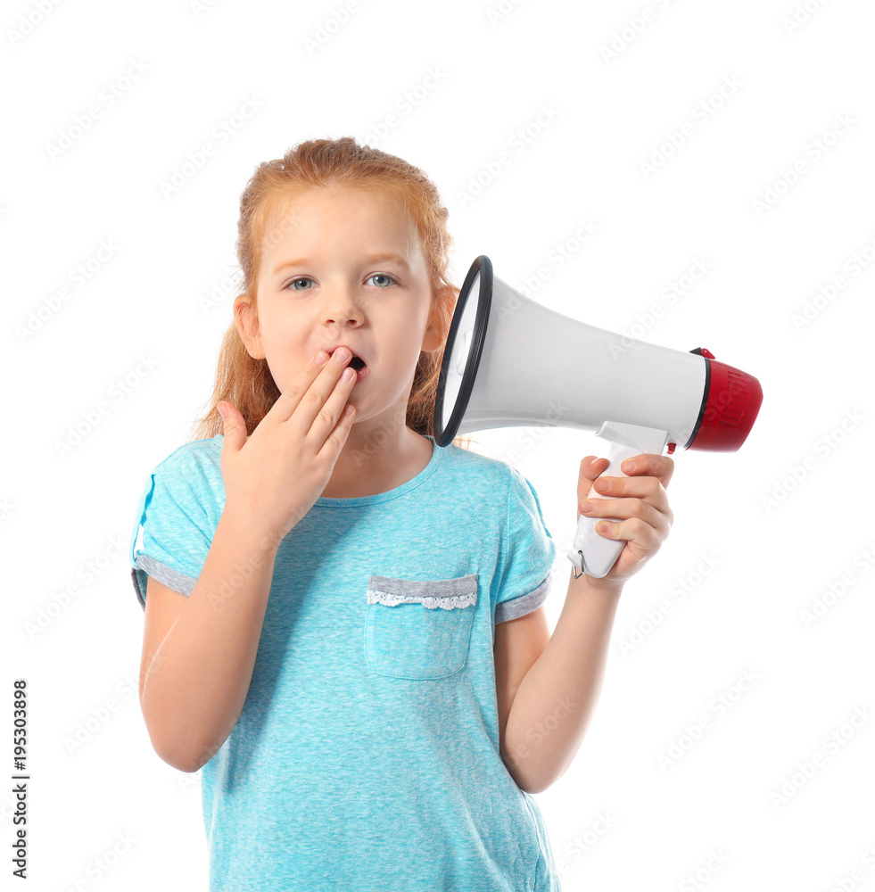 Emotional little girl with megaphone on white background Emotional little girl with megaphone on white background