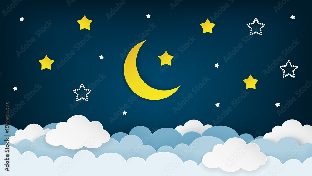 Half moon, stars and clouds on the dark night sky background. Paper art ...