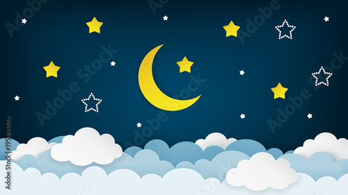 Half moon, stars and clouds on the dark night sky background. Paper art. Night scene background. Vector Illustration. 