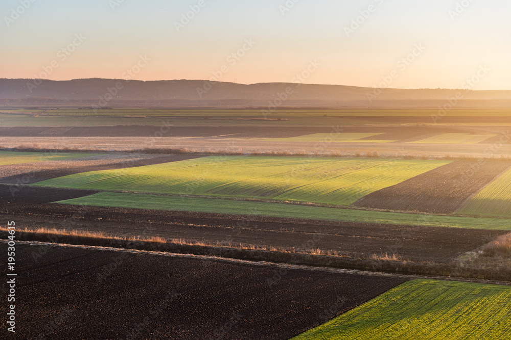 Agricultural landscape, arable crop fields Agricultural landscape, arable crop fields