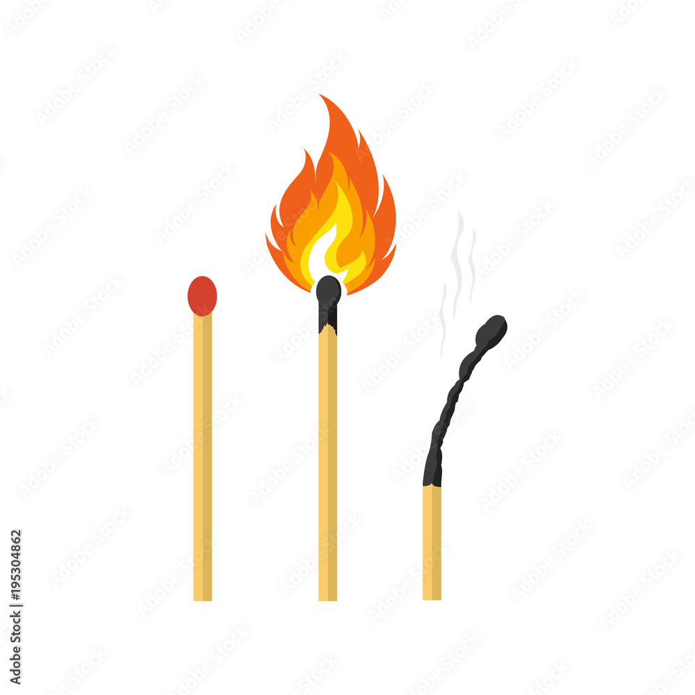 Matches, lighted match and burned match. Vector illustration. Matches, lighted match and burned match. Vector illustration.