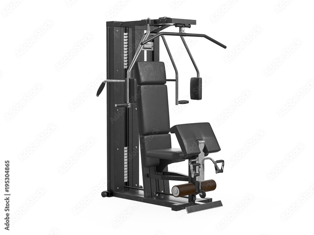 Multifunctional gym machine, angle view isolated on white background. 3D Rendering, Illustration. Multifunctional gym machine, angle view isolated on white background. 3D Rendering, Illustration.