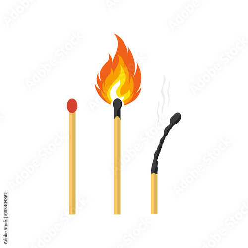 Matches, lighted match and burned match. Vector illustration.