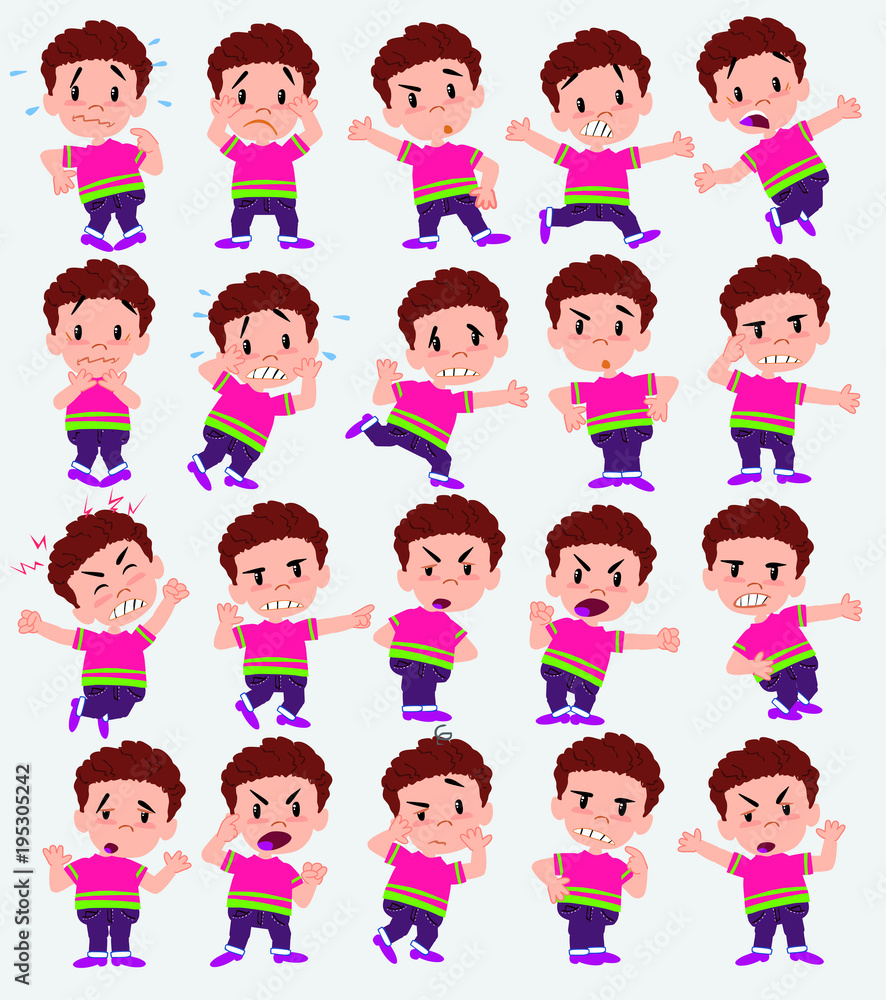 Cartoon character of a boy in shirt. Set with different postures, attitudes and poses, always in negative attitude, doing different activities in vector vector illustrations. Cartoon character of a boy in shirt. Set with different postures, attitudes and poses, always in negative attitude, doing different activities in vector vector illustrations.