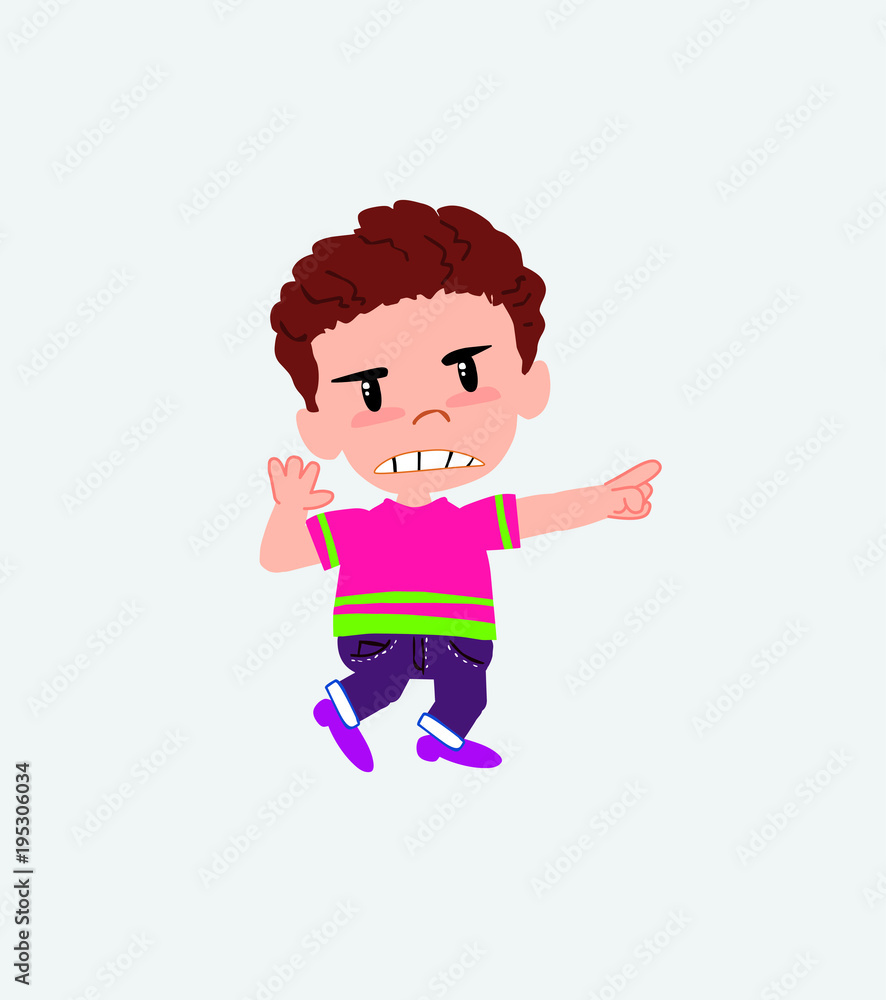 Boy in shirt points angrily to his left. Boy in shirt points angrily to his left.