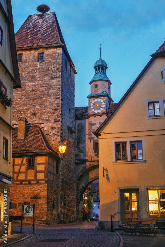 .A warm summer evening in the old German town of Rothenburg ob der Tauber. Bavaria. Germany.