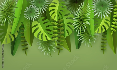 Tropical leaves and plants. Green abstract background with tropical foliage. Cut paper. Vector illustration