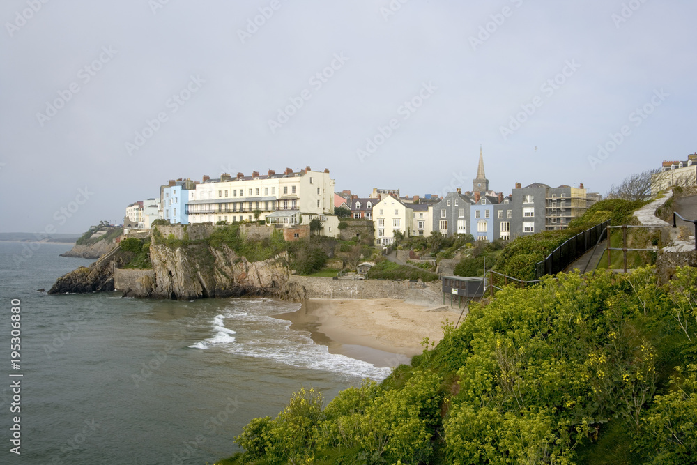 UK, Wales, Pembrokeshire, Tenby, seafront from Castle Hill
