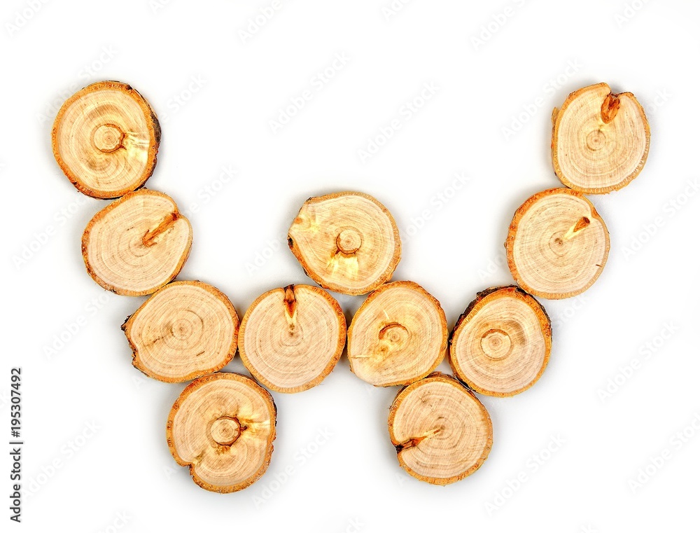 Alphabet letters made from Wood slice on white Background.w Alphabet letters made from Wood slice on white Background.w