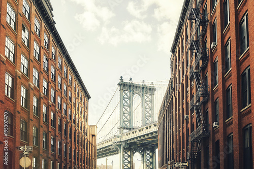 Manhattan Bridge seen from Dumbo, retro toned picture, New York City, USA.