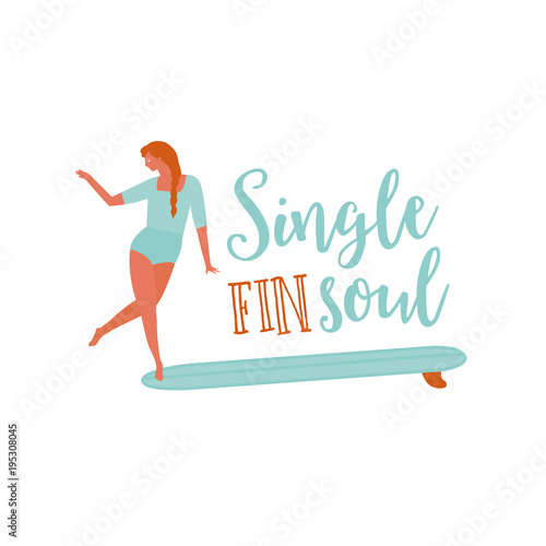 Single fin longboard surfing illustration with balancing surfer girl.