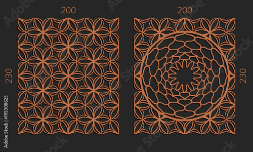 Laser cutting set. Woodcut vector trellis panels. Plywood lasercut floral design. Hexagonal seamless patterns for printing, engraving, paper cut. Stencil lattice ornaments.