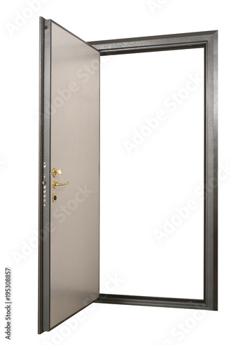 Open powerful metal safe-door with natural wood paneling