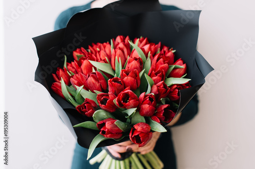 Young woman holding a huge and beautiful fresh blossoming flower bouquet of red tulips wrapped in black paper #195309004