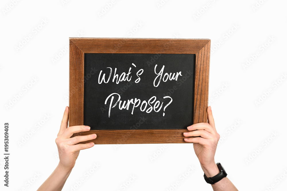 Cropped view of woman hands holding board with lettering whats your purpose isolated on white Cropped view of woman hands holding board with lettering whats your purpose isolated on white