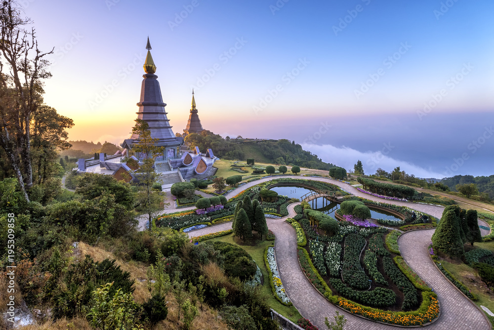 Landmark two pagoda Noppamethanedol & Noppapol Phumsiri on top doi Inthanon moutain, The national park at Chiang mai, Thailand.