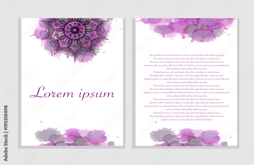 Flyers, banners template set with mandala ornament. Vector invitation, thank you, save the date card design with violet watercolor splashes. Ottoman, arabic, oriental, turkish, indian, pakistan motif.