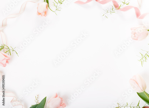 Fototapeta Naklejka Na Ścianę i Meble -  Flowers composition. Frame made of pink flowers on white background. Valentine's Day. Flat lay, top view.