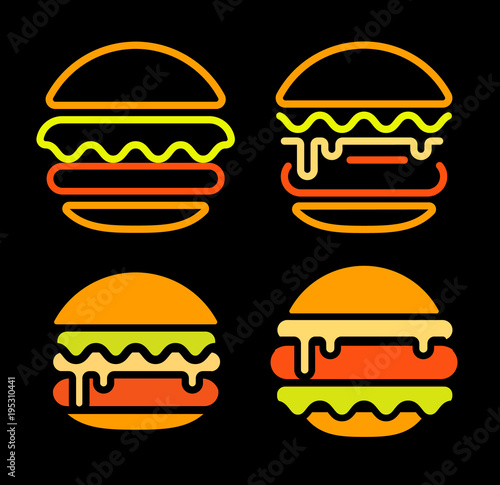 Burger abstract outline vector logo set template, fast food isolated neon line art stylized icon collection, unusual illustration on black background